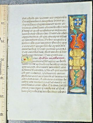 French Medieval Book Of Hours Leaf Onvellum,  Unusual Border Painting,  Ca.  1490
