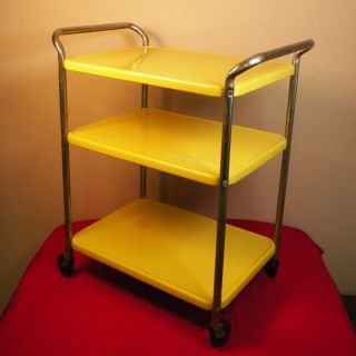 Vintage Mcm Metal Kitchen Bar Cart Rolling 3 Tier Handle Yellow Gold