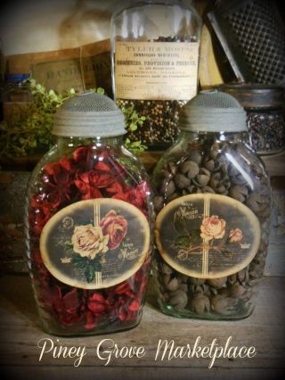 Rustic Farmhouse Glass Roses Herb Pantry Jars With Shoo Fly Dome Metal Cap