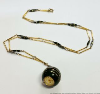 Vintage 1960s Bucherer Black Enamel Swiss Ball Pendant Necklace Watch W Orig Box
