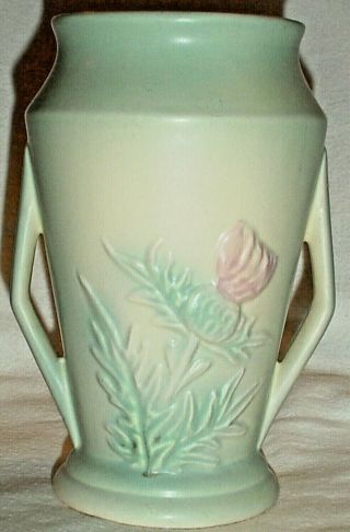 Vintage Hull Pottery Thistle Vase Turquoise 2 Handles Marked 51 - 6 1/2 Usa