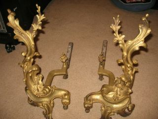 Vintage French Style Brass Fireplace Andirons With Fire Dog Log Holders