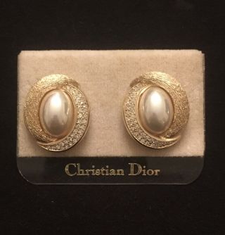 Vintage Christian Dior Gold Tone Clip Earrings Vintage Signed Pearl Rhinestones