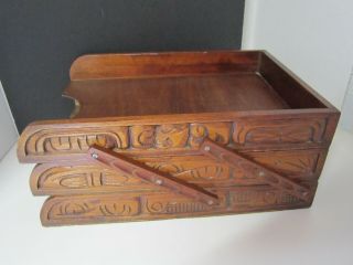 Rare Vintage Wood Carved 3 Tray Collapsible File Paper Desk Letter Organizer 2