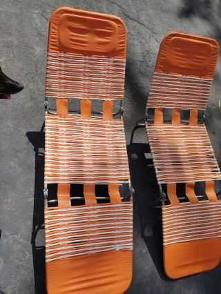 Vintage Folding Aluminum Chaise Lounge Lawn Beach Chair Vinyl Pvc Tubing Orange