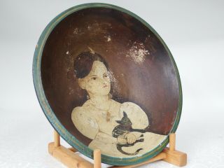 Antique Primitive Wooden Bowl With Painting Young Girl & Cat