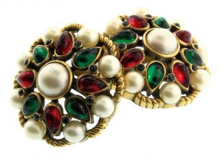 Vtg Philippe Trifari Jewels Of India Moghul Pearl Rhinestone Clip Earrings