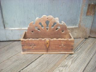 Antique Folk Art Wood Carved Wall Box Comb Box