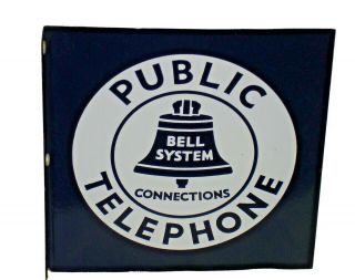 Vintage Bell Systems American Telephone Double Sided Porcelain Sign Flanged