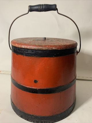 Antique Primitive Wood Firkin Sugar Bucket Old Red And Black Paint,  Swing Handle