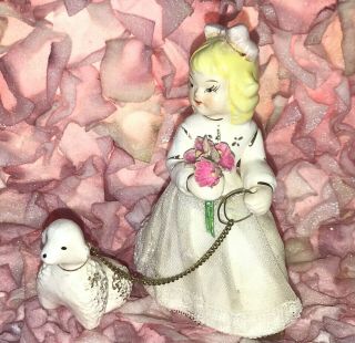 Vintage Ceramic Girl Figurine with Lace Skirt & Poodle On Leash 1 2