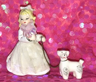 Vintage Ceramic Girl Figurine with Lace Skirt & Poodle On Leash 2 2