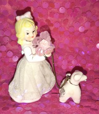 Vintage Ceramic Girl Figurine with Lace Skirt & Poodle On Leash 2 3