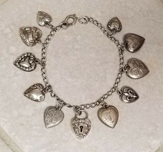 Vtg Sterling Silver Repousse Puffy Heart Charm Bracelet 5 11 Charms