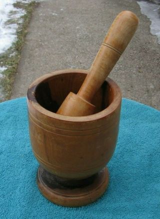 Antique Heavy Wooden Mortar & Pestle Apothecary Drug Rustic Country Spice Masher