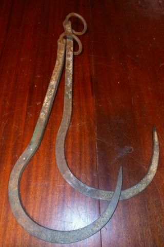 Antique Cast Iron Ice Tong Wood Hay Bale Logs Hook Primitive Blacksmith