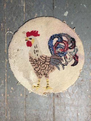 Antique Hand Hook Seat Chair Pad Cushion Rooster 15 " Wool Folk Art