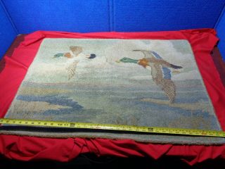 Primitive Folk Art Hooked Rug With Flying Ducks
