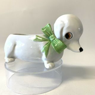 Vintage Japan Ceramic Dachshund Weiner Dog Planter With Green Bow A Pan Sticker