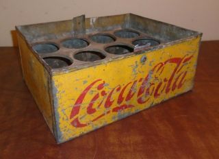 Very Rare Vintage Yellow & Red Metal Coca Cola 12 Bottle Crate Carrier Barn Find