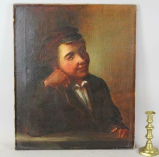 A 19th C Oil Portrait Of A Young Boy With A Hat Signed Boston Ma Stretchers