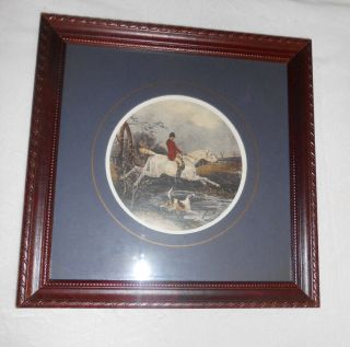 Wooden Glass Framed Matted Print Of A White Horse Fox Hunt With Hound Dog