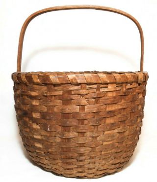 Late 19th C American Antique Staved Ash Wooden Gathering Basket,  W/carved Handle
