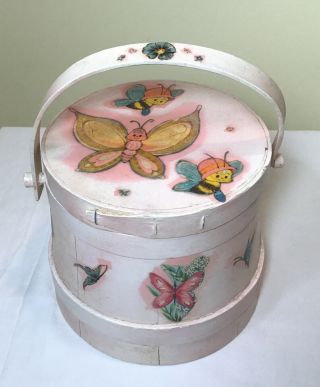 Vintage Wood Firkin Sugar Bucket Painted & Decoupage Whimsy Purse Or Up Cycle