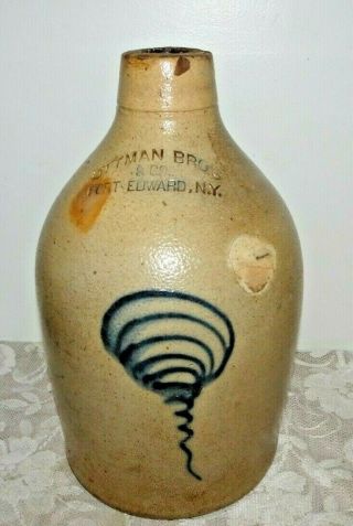 Antique Ottman Bros.  Ft.  Edward Primitive Salt Glaze Stoneware 1 Gallon Crock