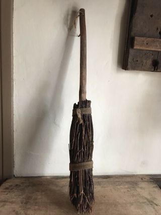 Rare Old Antique Handmade Wooden Twig Hearth Sweeper Broom Patina Aafa