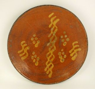 Antique 19th C.  Redware Pottery 10.  25 " Plate Slip Decorated (i &b4/2)