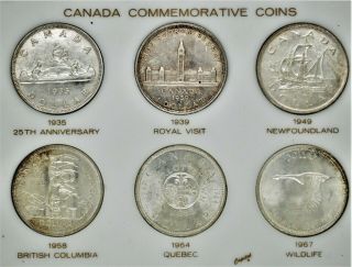 Set Of 6 Canada Commemorative Silver Dollars In Custom Vintage Holder