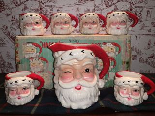 Vintage Happy Tom N Jerry Ceramic Santa Claus Face Mug Pitcher Set Box