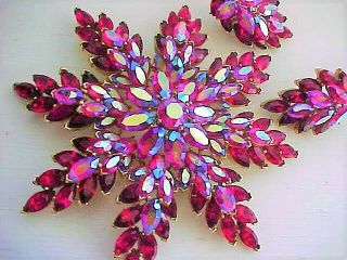 Huge Vintage Iridescent Red And Red Rhinestone Pin / Brooch & Earrings