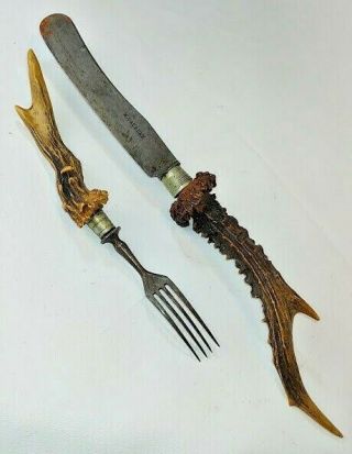 Antique 19th Century 1800s Stag Antler Handle Large Knife & Fork W.  Taubert