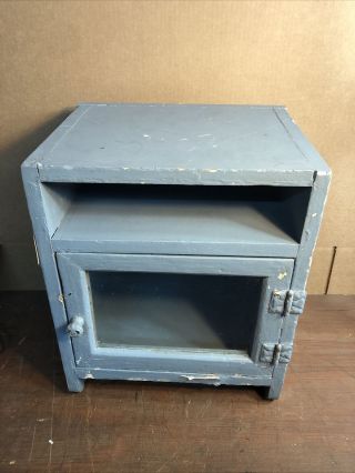 Antique Primitive Wooden Wood Deep Medicine Cabinet Painted Blue - Door W/ Glass