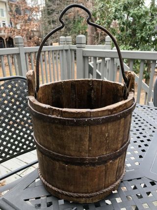 Antique Wood Stave Farm Bucket Pail Cast Iron Handle