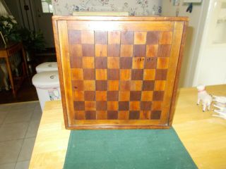 Late 1800s Early 1900s All Inlaid Wooden Checkerboard With Game On Reverse Side
