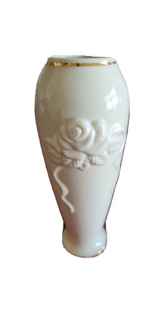 Lenox Ivory Vase With Gold Trim & Embossed Rose Bud 7 1/2 " Tall