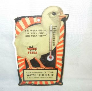 Vintage 6 1/4 " Tin Litho Wayne Feeds Farming Agriculture Thermometer Chick