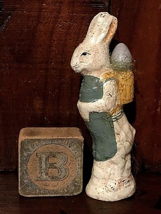 Primitive Teena Flanner Easter Rabbit Bunny Egg Basket & Antique Toy Block Aafa