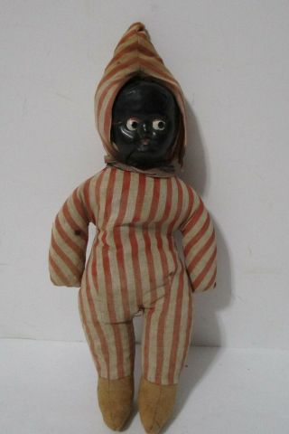 Antique 1900 Primitive Black Cloth Doll Celluloid Face 10 Inches