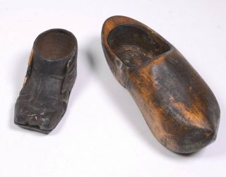 2 Antique Wooden Dutch Shoe 8 " L X 3 " W X 3 " H & Carved Shoe Planter 4.  5 " L X 2.  25 " H