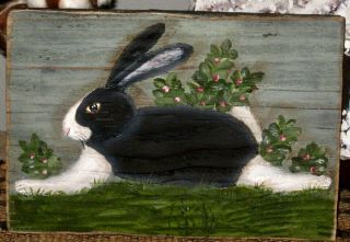 Primitive Hp Folk Art Prim Black And White Bunny Reclaimed Wood