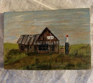 Painting On Wood Farm Country Scene Barn Gas Station Vtg Very Small Not Signed