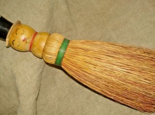 Primitive Antique Straw Whisk Broom Wood Head Man In Top Hat - 10 " Tall