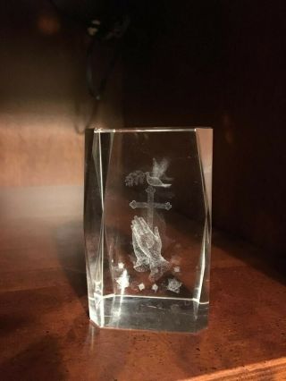 Crystal Laser 3d Etched (cross,  Dove & Praying Hands) Image Paperweight - Religion
