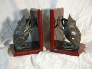 Brass Bronze Frogs Wood Bookends 6 1/2 " X 4 1/2 " Open Mouth Whimsical Vintage