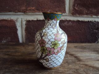 Cloisonne Vase White W/ Pink & Green Dogwood Flowers On Brass 3 1/8 " Tall