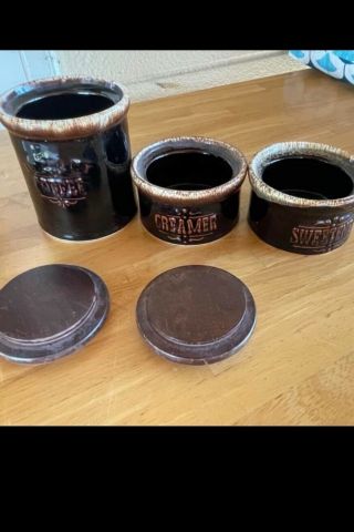 Pfaltzgraff Vintage Brown Drip Pottery Coffee Creamer,  Sugar Canister RARE EXC 2